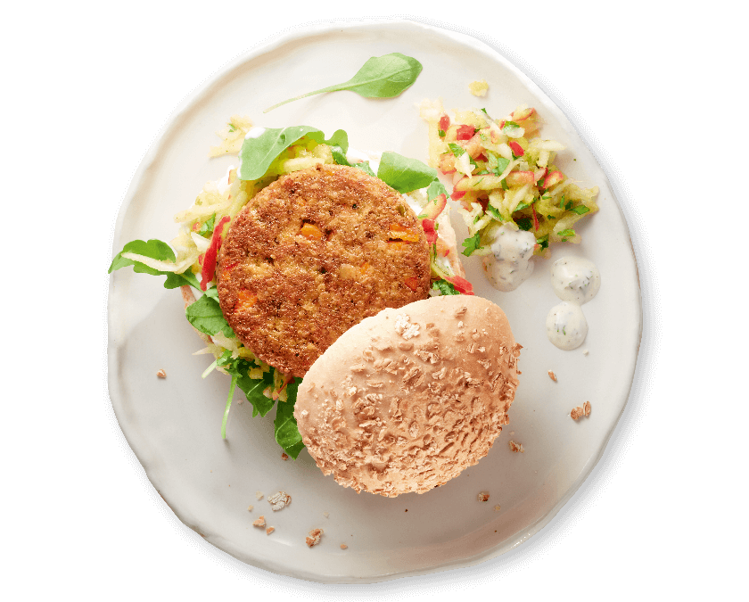 Frisse zeewierburger met venkel-appel-kerriesalade en knoflooksaus