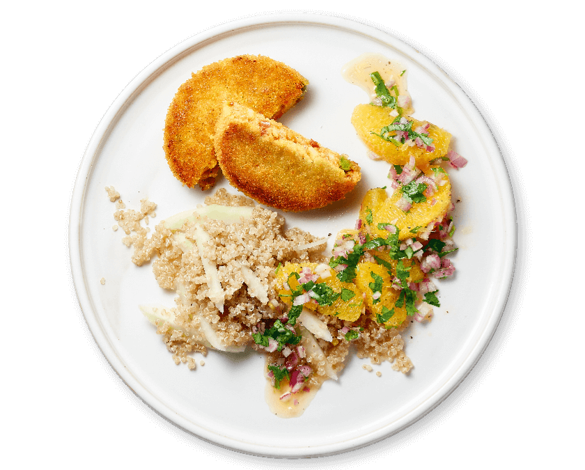 Kaas-groenteburger, quinoa met koolrabi en kruidige sinaasappelsalsa