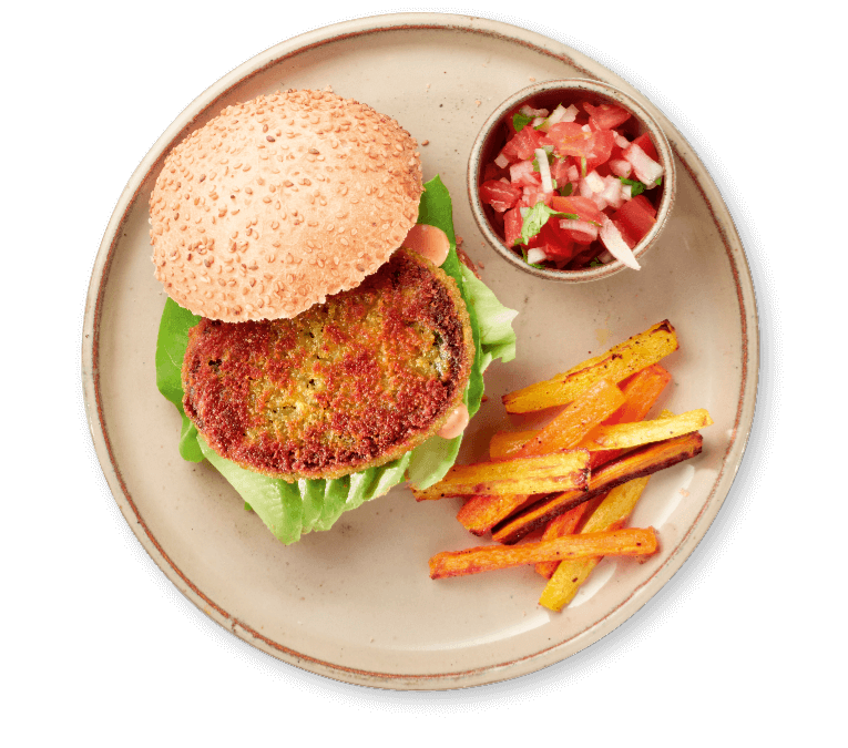 Mexicaanse veggie cheeseburger met zoeteaardappelfrietjes