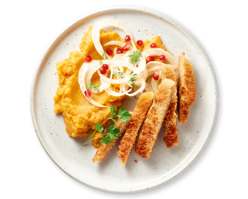 Zoeteaardappelpuree met vegetarische schnitzel en krokante venkel