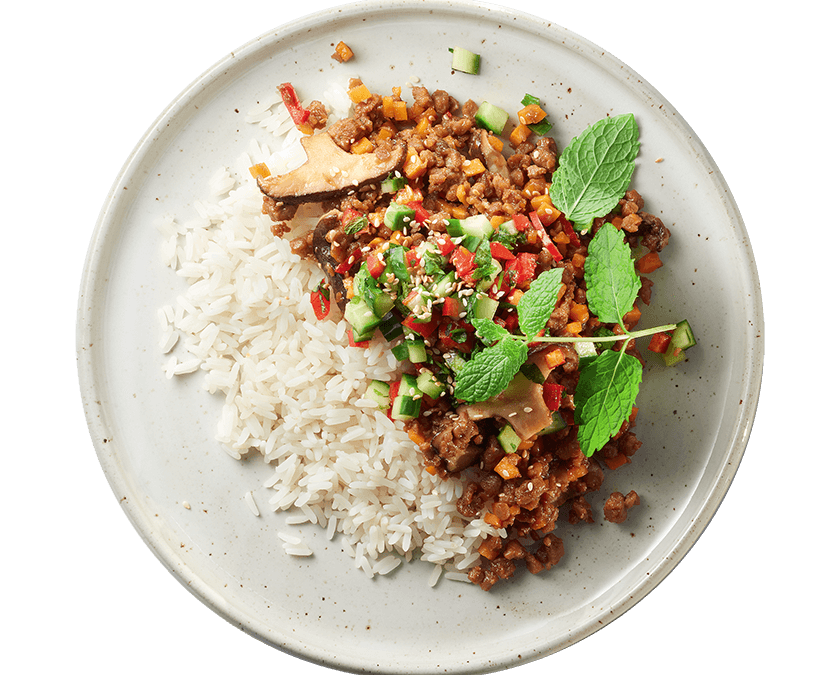 Plat de riz au hachis végane et concombre croquant